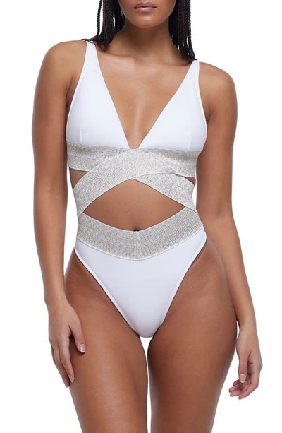 River Island Metallic Wrap Swimsuit In White