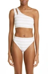 Balmain Logo Stripe One-shoulder Two-piece Swimsuit In White/ Nude
