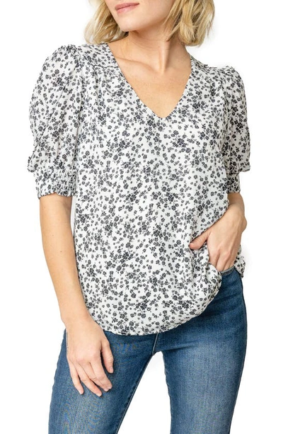 Gibsonlook Floral Print Puff Sleeve Blouse In White/ Black Floral