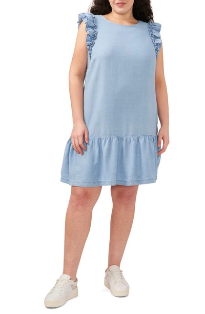 Cece Ruffle Trim Chambray Shift Dress In Light Blue Wash