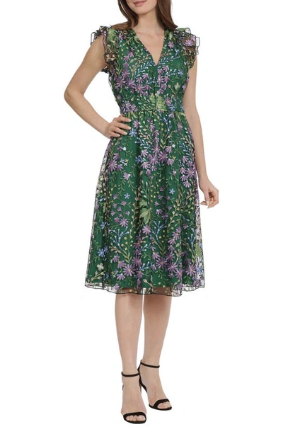 Maggy London Floral Embroidered Tulle Dress In Lavender/ Green