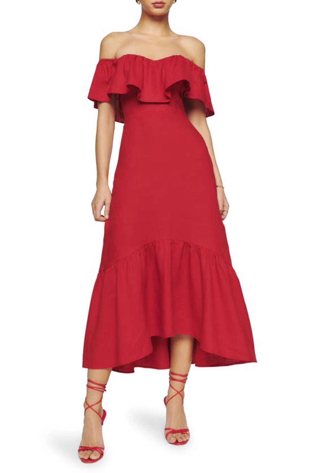 Reformation Baela Ruffle Off The Shoulder Linen Dress In Red | ModeSens