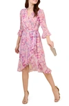 Adrianna Papell Print Long Sleeve Chiffon Dress In Pink Multi