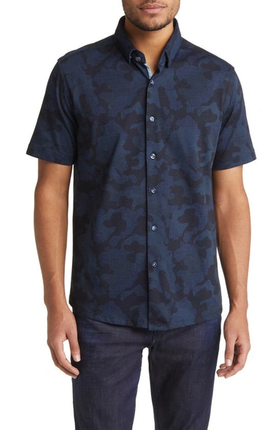 Stone Rose Dry Touch® Performance Camouflage Short Sleeve Button-up Shirt In Navy