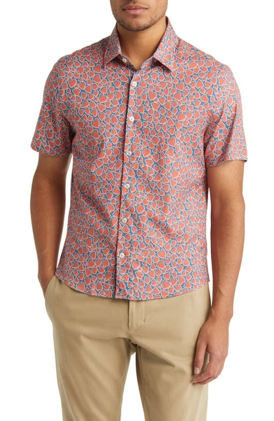 Stone Rose Heart Print Short Sleeve Button-up Shirt In Salmon Red
