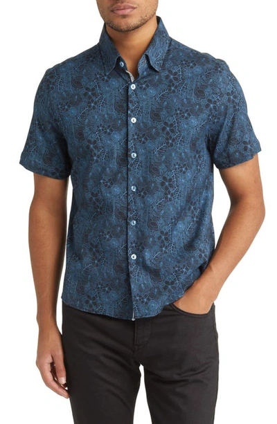 Stone Rose Jungle Print Short Sleeve Button-up Shirt In Navy