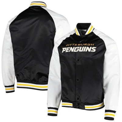 Mitchell & Ness Men's  Black, White Pittsburgh Penguins Primetime Raglan Satin Full-snap Jacket In Black,white