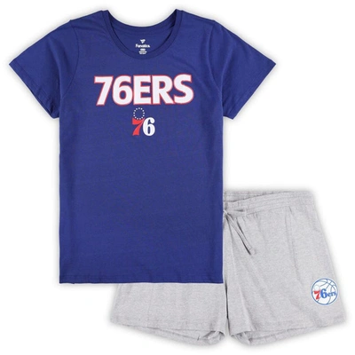 Fanatics Women's  Royal, Heather Gray Philadelphia 76ers Plus Size T-shirt And Shorts Combo Set In Royal,heather Gray