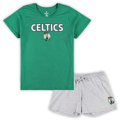 Fanatics Women's  Kelly Green, Heather Gray Boston Celtics Plus Size T-shirt And Shorts Combo Set In Kelly Green,heather Gray