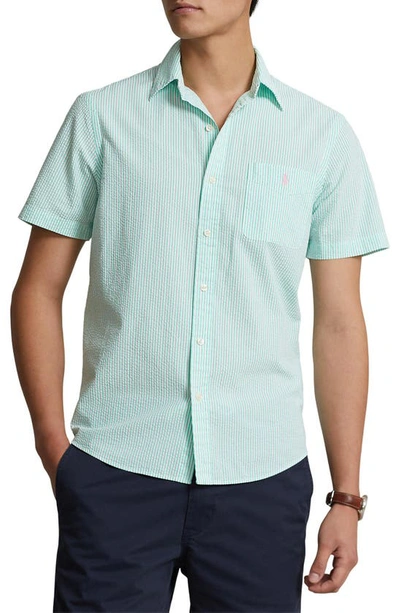 Polo Ralph Lauren Stripe Seersucker Short Sleeve Button-down Shirt In Keywest Green,white