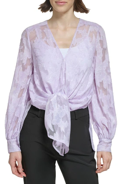 Donna Karan Floral Devore Tie-front Blouse In Purple
