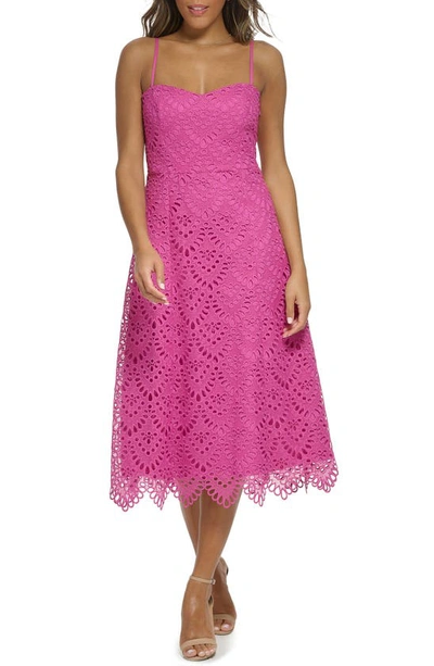 Donna Karan Women's Eyelet Lace Fit & Flare Midi-dress In Bright Pink