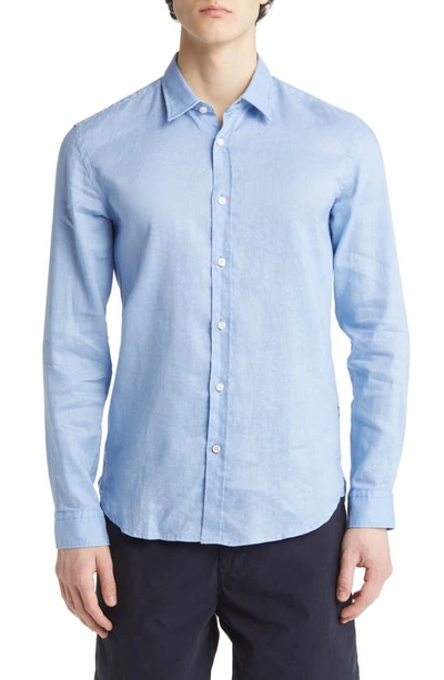 Hugo Boss Roger Slim Fit Stretch Linen Blend Button-up Shirt In Blue