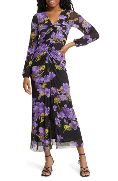 Topshop Floral Print Ruched Long Sleeve Mesh Maxi Dress In Purple Multi
