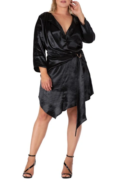 Standards & Practices Long Sleeve Asymmetric Satin Dress In Black