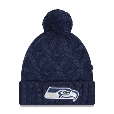 New Era Kids' Girls Youth  College Navy Seattle Seahawks Toasty Cuffed Knit Hat With Pom