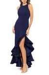 Betsy & Adam Ruffle Halter Crepe Gown In Blue