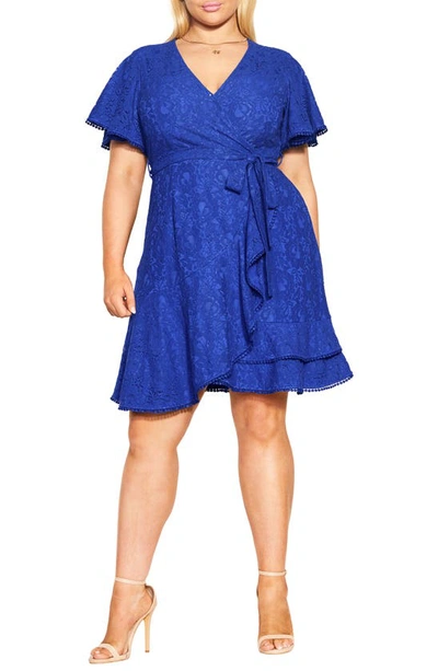 City Chic Sweet Luv Lace Faux Wrap Dress In Royal Blue