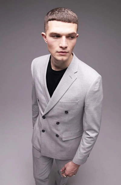 Topman Skinny Fit Herringbone Double Breasted Suit Jacket In Gray