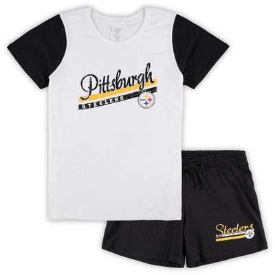 Concepts Sport Women's  White, Black Pittsburgh Steelers Plus Size Downfield T-shirt And Shorts Sleep In White,black