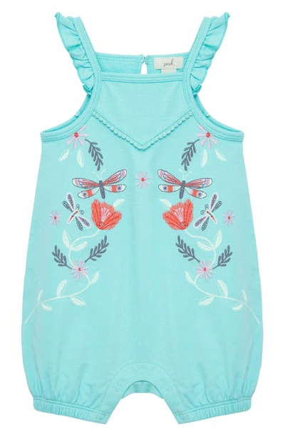 Peek Aren't You Curious Babies' Dragonfly Embroidered Ruffle Shoulder Cotton Romper In Aqua