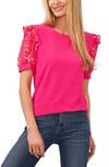 Cece Scattered Ditsy Puff Sleeve Mixed Media Top In Bright Rose