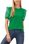 Cece Scattered Ditsy Puff Sleeve Mixed Media Top In Green