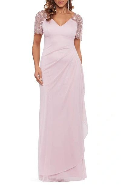 Xscape Beaded Sleeve Ruched Column Gown In Rose