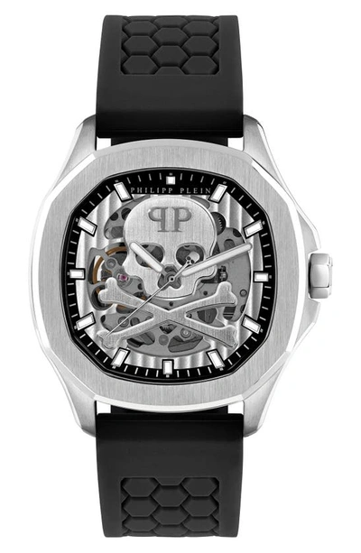 Philipp Plein Men's Automatic Skeleton Spectre Black Silicone Strap Watch 42mm In Silver
