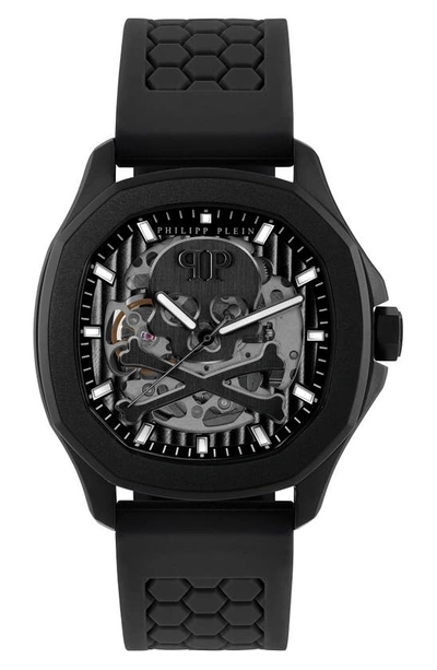 Philipp Plein Men's Automatic Skeleton Spectre Black Silicone Strap Watch 42mm In Ip Black