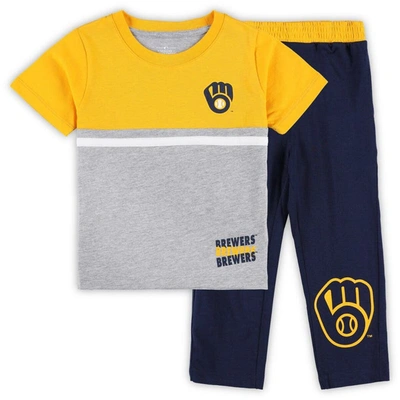 Outerstuff Kids' Toddler Navy/gold Milwaukee Brewers Batters Box T-shirt & Pants Set