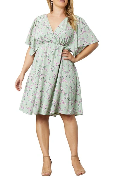 Kiyonna Florence Flutter Sleeve Dress In Sage Trellis Print