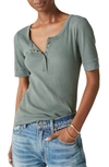 Lucky Brand Snap Front Short Sleeve Cotton Rib Henley In Balsam Green