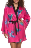 Felina Adrienne Print Short Satin Robe In Pink Hummingbirds
