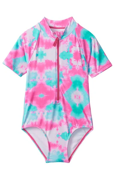 Hatley Kids' Sea Creatures Short Sleeve One-piece Rashguard Swimsuit In Blue/ Pink