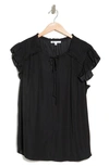 Dr2 By Daniel Rainn Satin Ruffe Split Neck Top In Black