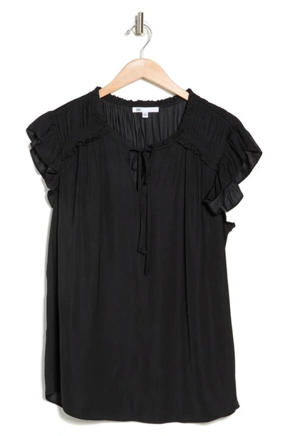 Dr2 By Daniel Rainn Satin Ruffe Split Neck Top In Black