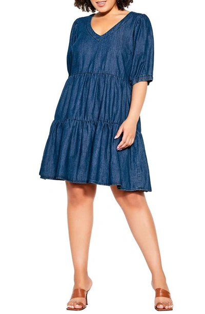 City Chic Coastal Tiered Nonstretch Denim Dress In Dark Denim | ModeSens
