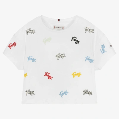 Tommy Hilfiger Kids' Girls White Embroidered Cotton Logo T-shirt