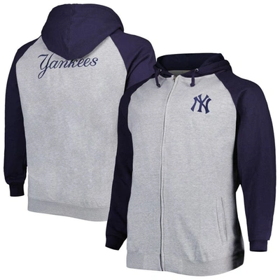 Profile Heather Gray/navy New York Yankees Big & Tall Raglan Hoodie Full-zip Sweatshirt