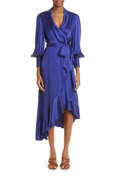 Zimmermann Long Sleeve Silk Wrap Dress In Blue