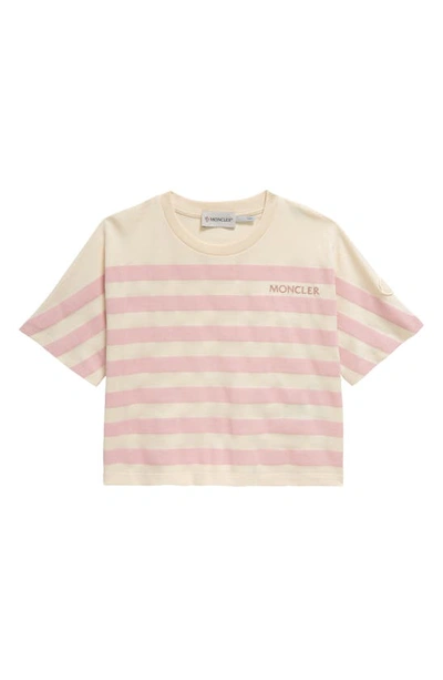 Moncler Kids' Stripe Logo Embroidered Crop T-shirt In Pink Stripe