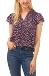 Cece Flutter Sleeve Floral Print Top In Twilight Blue