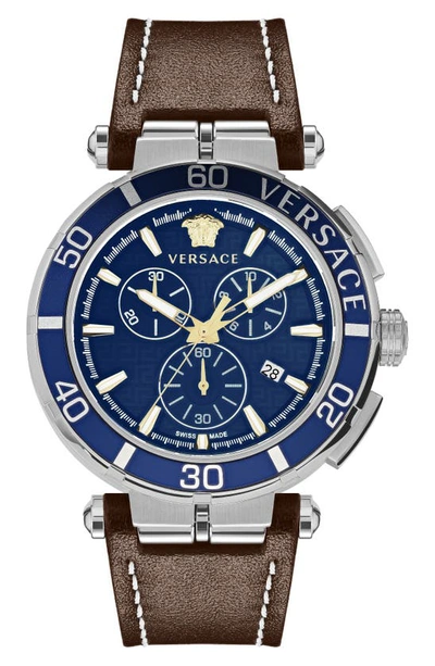 Versace Men's Swiss Chronograph Greca Brown Leather Strap Watch 45mm In Stainless Steel