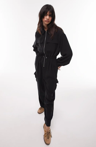 Topshop Zip Long Sleeve Utility Jumpsuit In Black