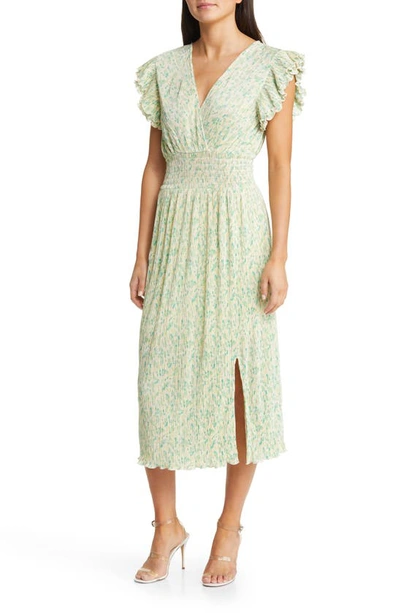 Chelsea28 Flutter Sleeve Plissé Midi Dress In Green Bud Bouquet