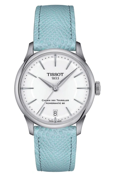 Tissot Chemin Des Tourelles Powermatic 80 Leather Strap Watch, 34mm In Blue