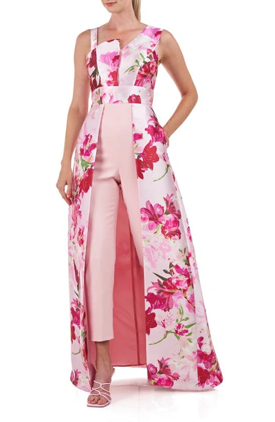 Kay Unger Fleur Asymmetric Floral-print Walk-thru Jumpsuit In Hibiscus