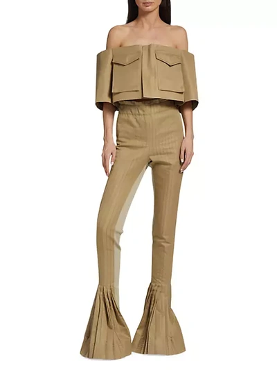Sacai Pleated Flared-leg Mid-rise Cotton Trousers In Beige