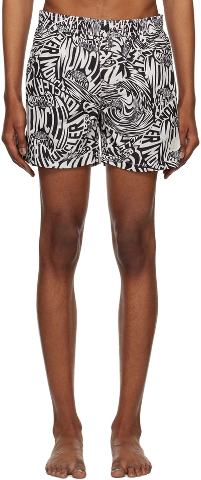 Moncler Black & White Printed Swim Shorts In Black White Wavy Print